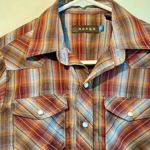 Roper Plaid Pearl Snap Shirt Boys Size M 8-10 Fall Colors Western Rodeo